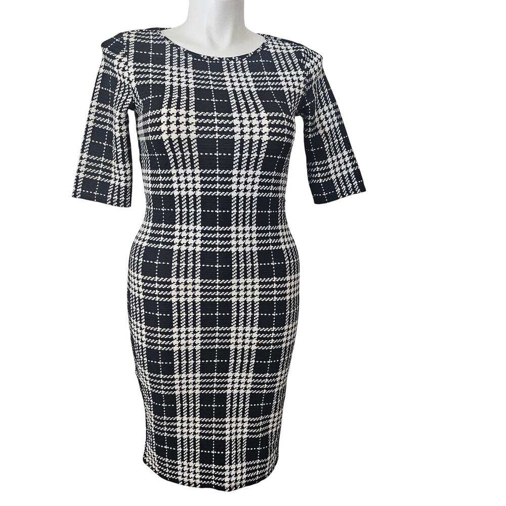 Tacera pattern crew neck dress elegant 3/4 sleeve sz M